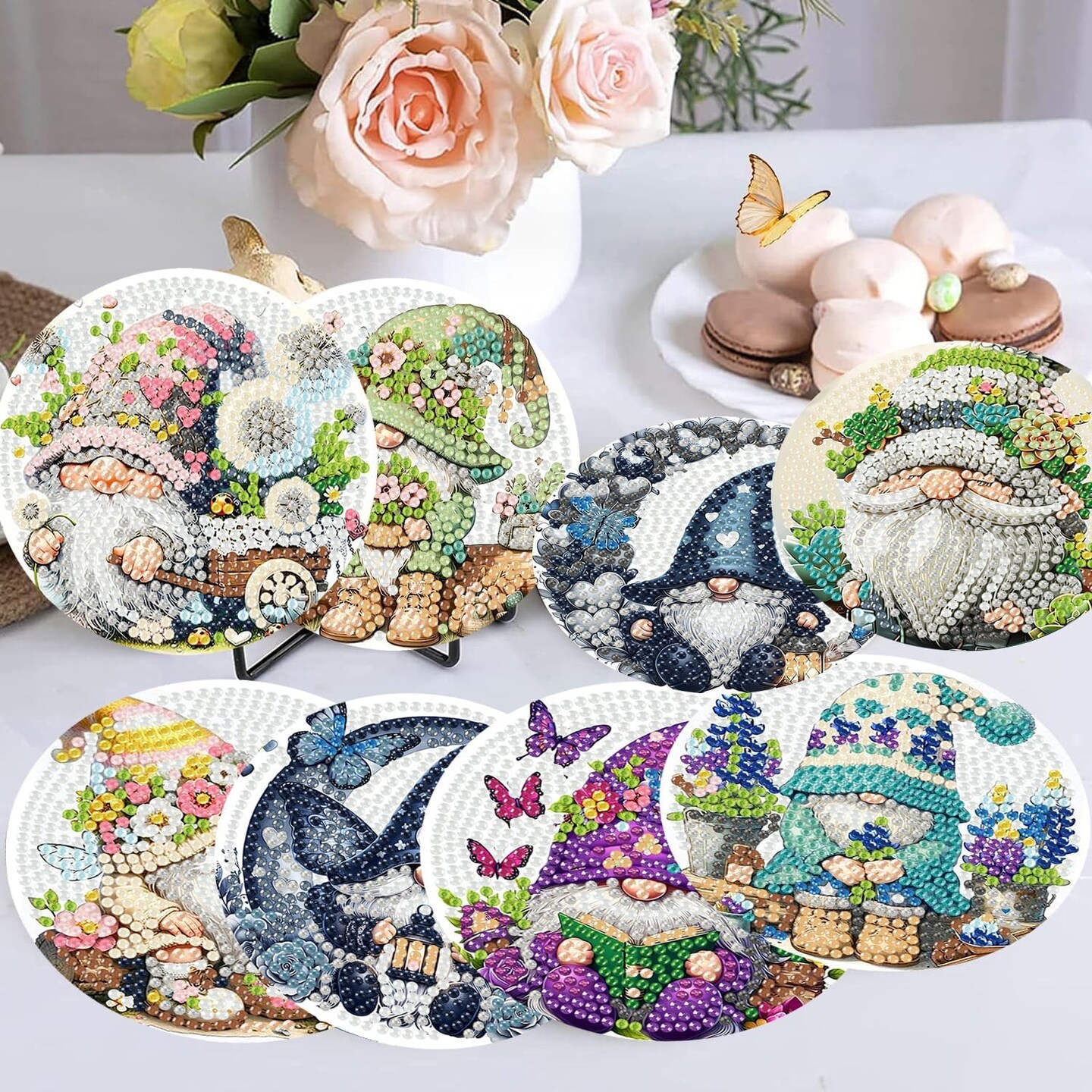 Gnomes Diamond Painting Coasters Kit Set with Holder Cork Pads