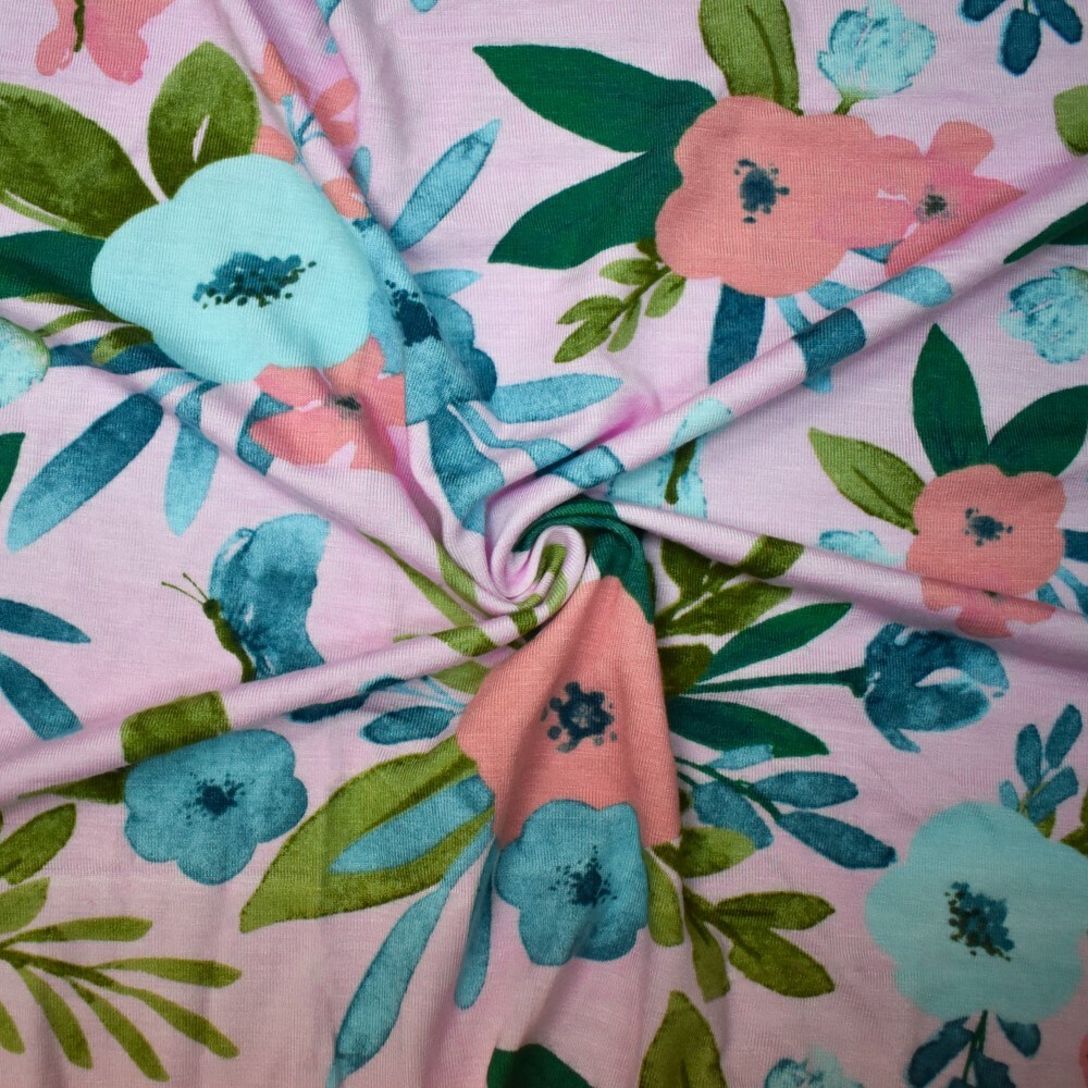 Pink-Teal-Multi Rayon Modal Floral Printed Stretch Spandex Jersey Knit Fabric By the Yard