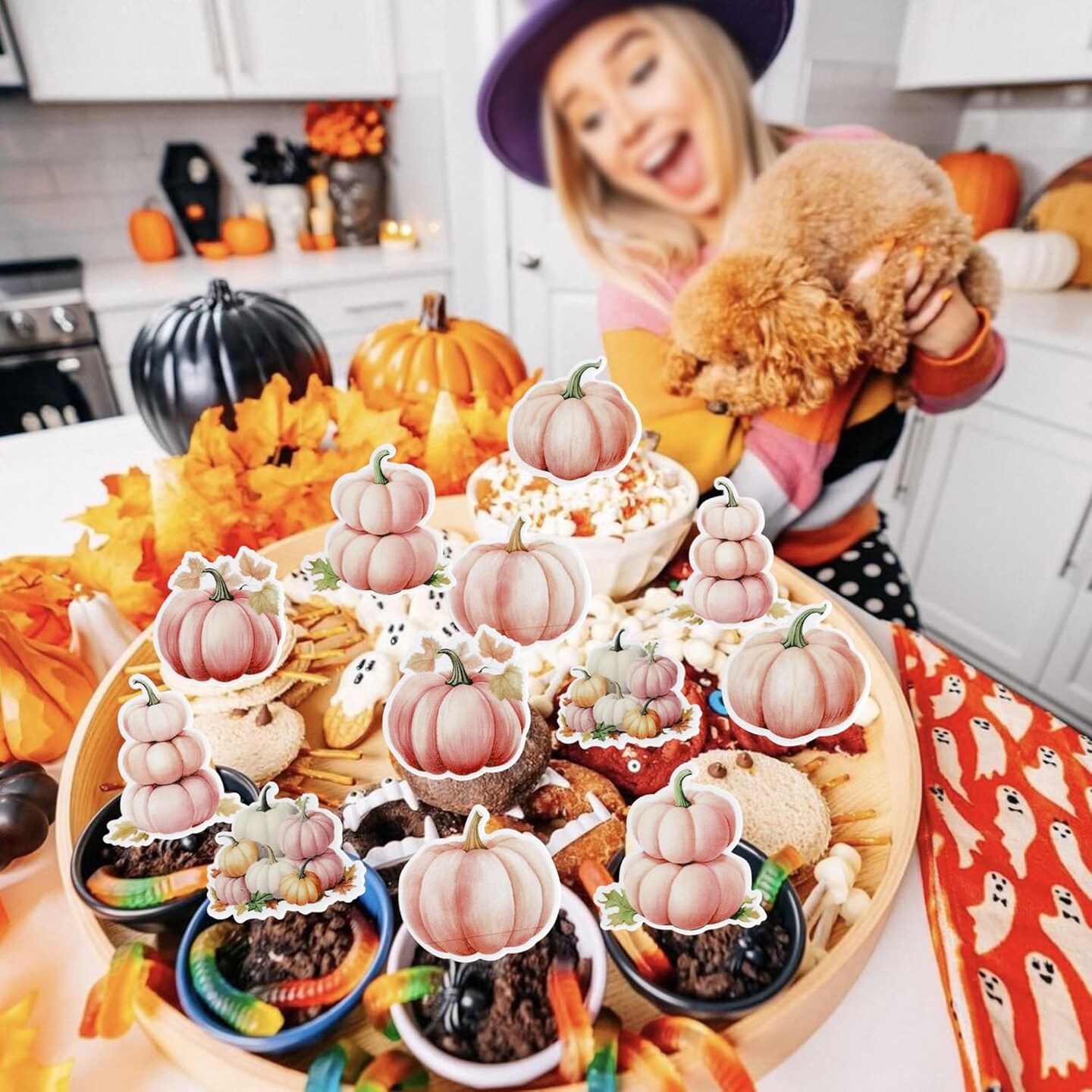 48 PCS Edible Pumpkin Cupcake Toppers Wafer Paper Pink Pumpkin Fall Theme