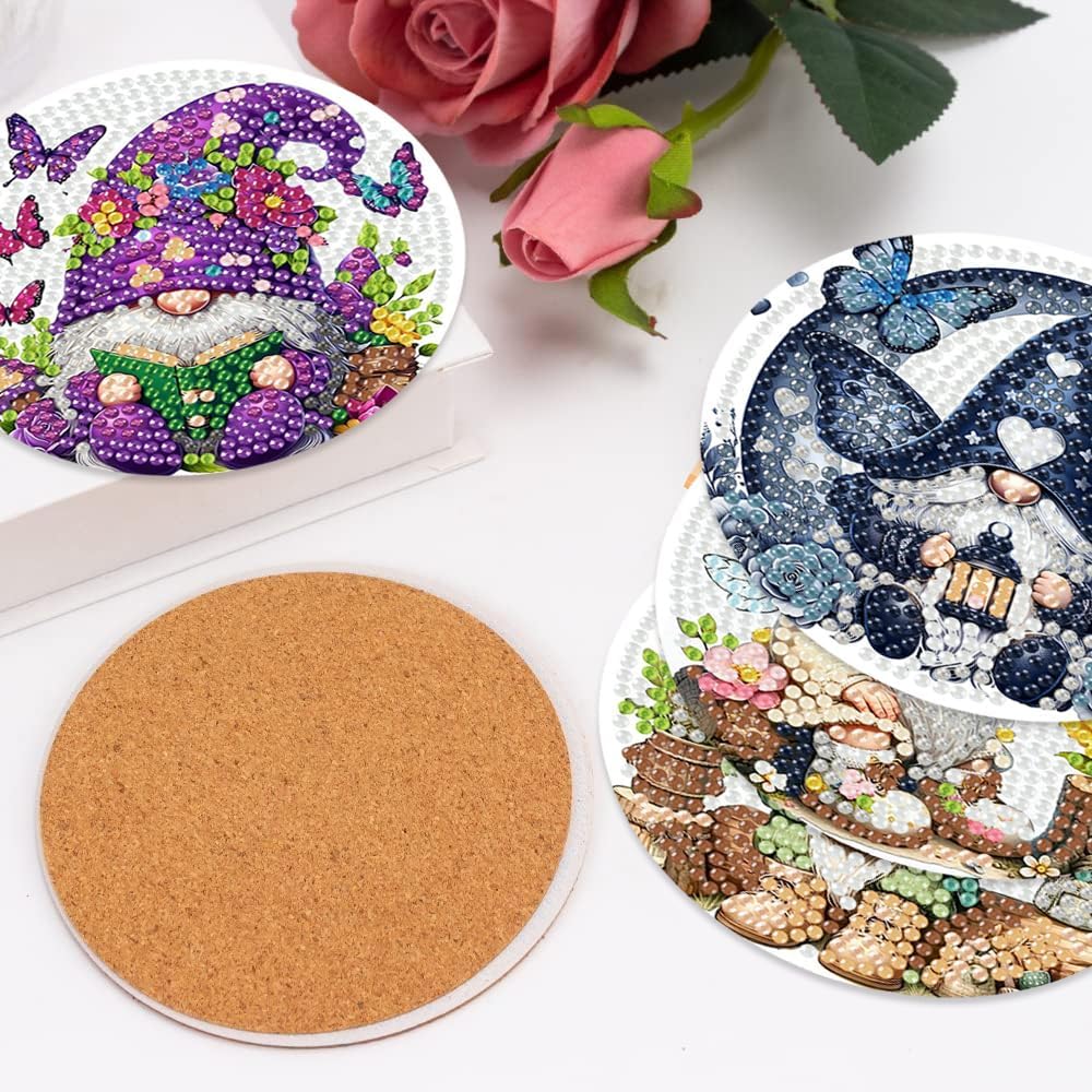 Gnomes Diamond Painting Coasters Kit Set with Holder Cork Pads