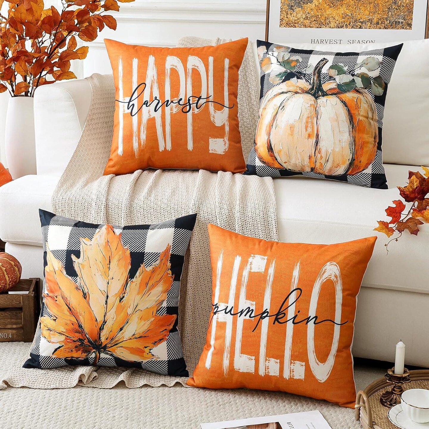 Set of 4 Fall Decorative Throw Pillow Covers 20x20 Inch