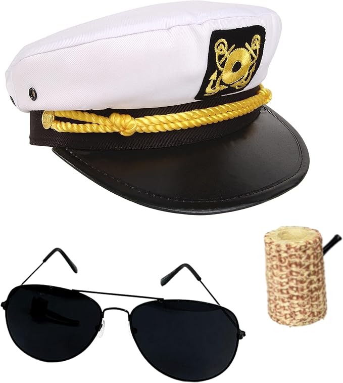4E&#x27;s Novelty Yacht Captain Hat Costume Accessories Set with Adjustable Hat, Aviator Sunglasses &#x26; Fake Pipe &#x2013; Sailor Outfit Accessories for Adults, Men &#x26; Women &#x2013; Nautical Party &#x26; Halloween Dress Up