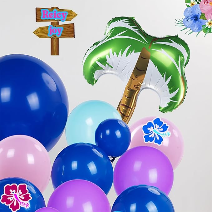 Blue pink purple Balloon Hawaii Garland Kit with Ohana theme backdrop and birthday banner plam tree mylar balloons for Summer aloha cartoon birthday party gender reveal Baby shower decorations