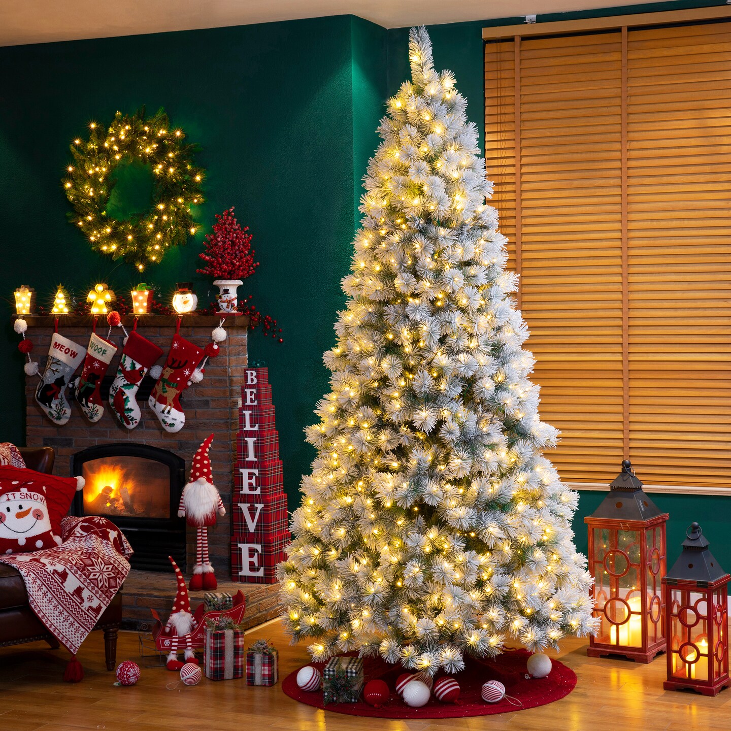 6FT/7.5FT/9FT Pre-Lit Flocked Pine Artificial Christmas Tree With Warm White LED Lights