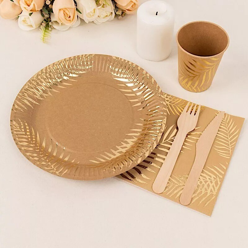 72 Natural Disposable Paper Tableware Set Gold Palm Leaves Print Party Events