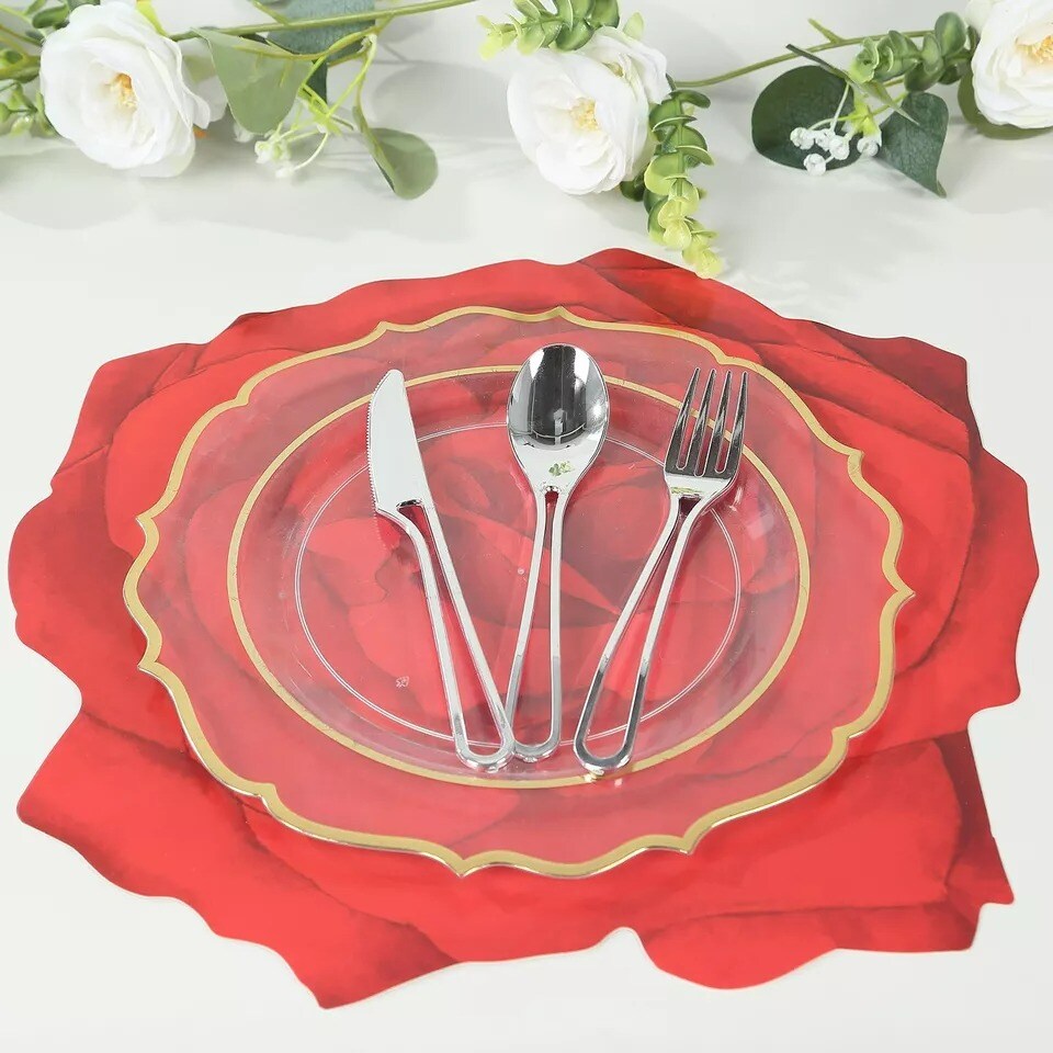 10 Rose Flower 14&#x22; Red Cardboard Paper Disposable Placemats Events