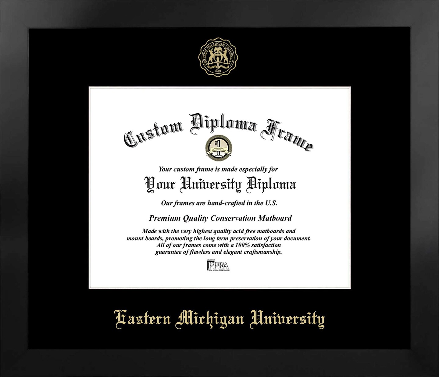 Eastern Michigan University 10w x 8h Manhattan Black Single Mat Gold Embossed Diploma Frame with Bonus Campus Images Lithograph (value savings at $59)