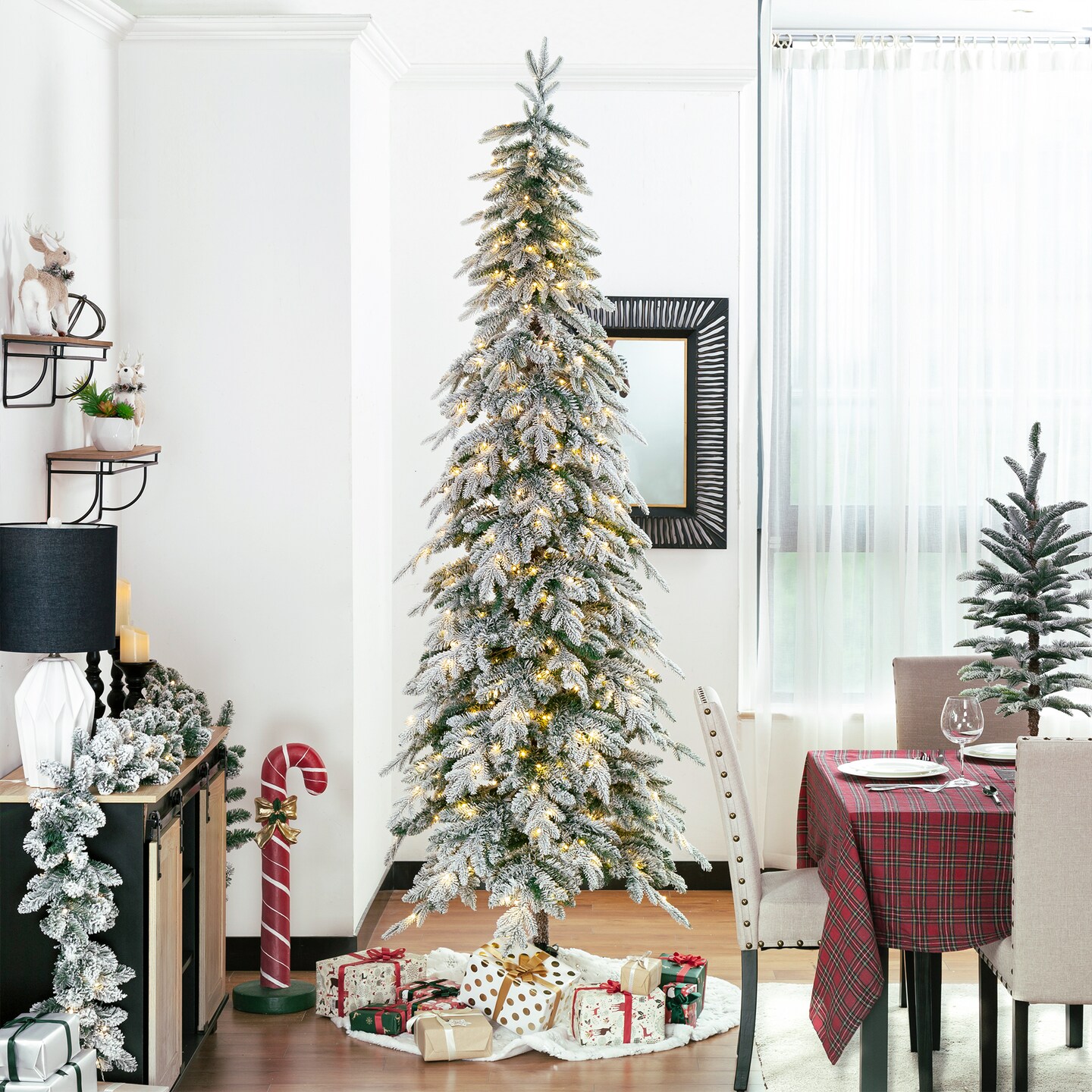 15FT Pre-Lit Flocked Pencil Spruce Artificial Christmas Tree With Warm White Lights