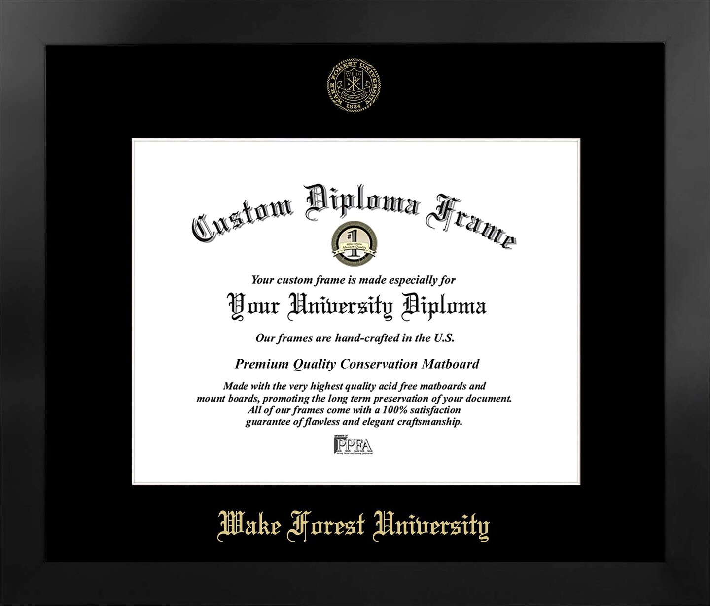 Wake Forest University 14w x 11h Manhattan Black Single Mat Gold Embossed Diploma Frame with Bonus Campus Images Lithograph (value savings at $59)
