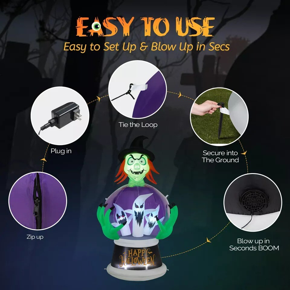5.9FT Witch&#x27;s Crystal Ball Inflatable Halloween Outdoor Decorations w/LED Lights