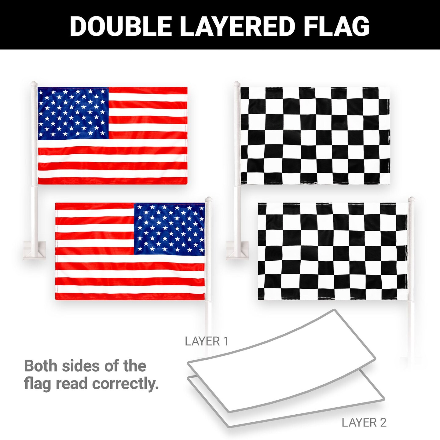 G128 Combo Pack: American USA Car Flag &#x26; Checkered Race Car Flag 11x17 In | Both Double Sided Printed 150D Polyester | Flagpole Included | Perfect for Festival Celebrations, Parades