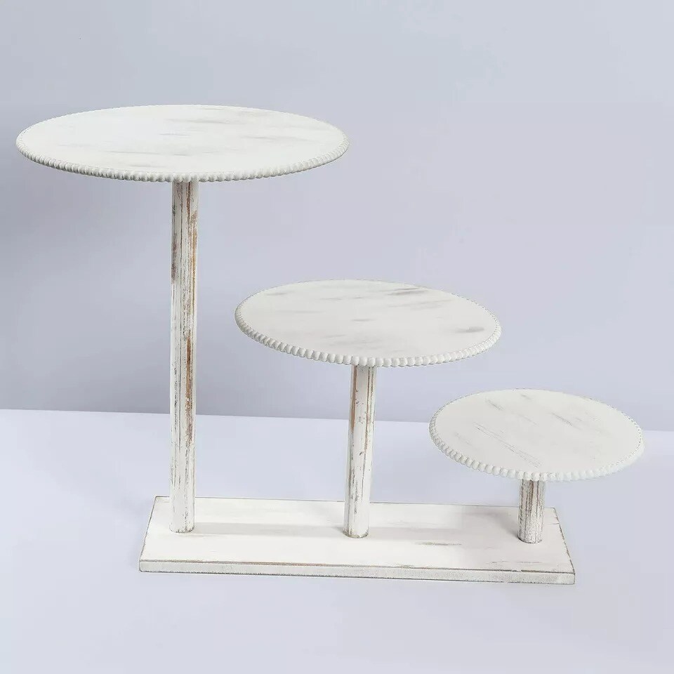 3-Tier Whitewash Wooden Cake Stand Round Beaded Rim Trays Party Event Decoration