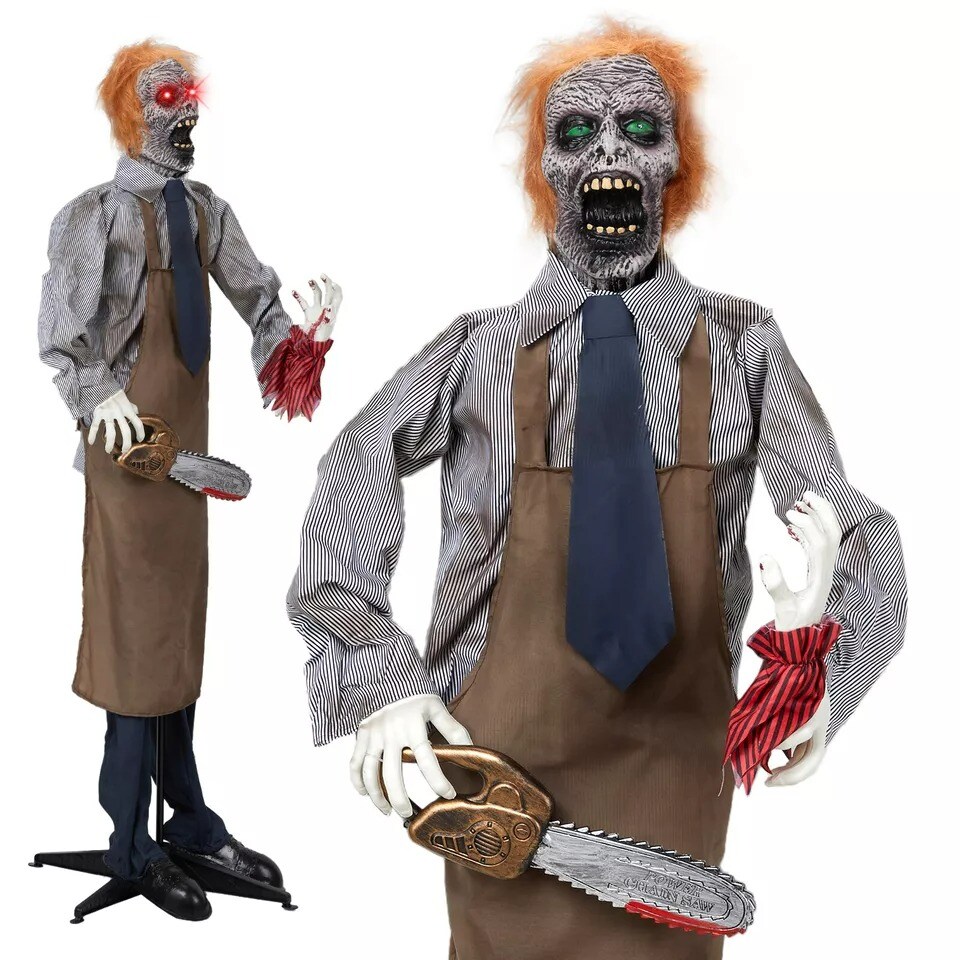 5.7FT Halloween Outdoor Spooky Decoration Talking Chainsaw Man, Glowing Eyes