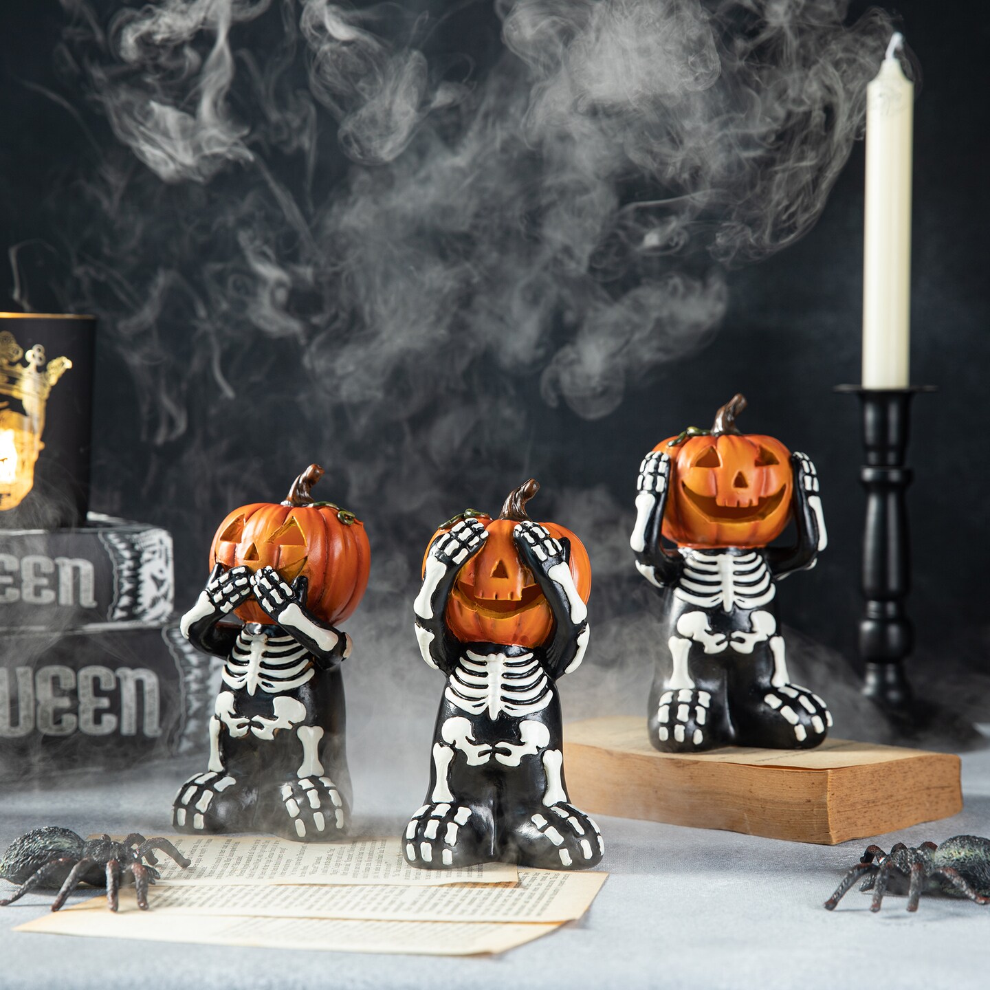 Set of 2 5.75&#x22;H 3pcs Halloween Resin Skeleton Pumpkin Table Decor