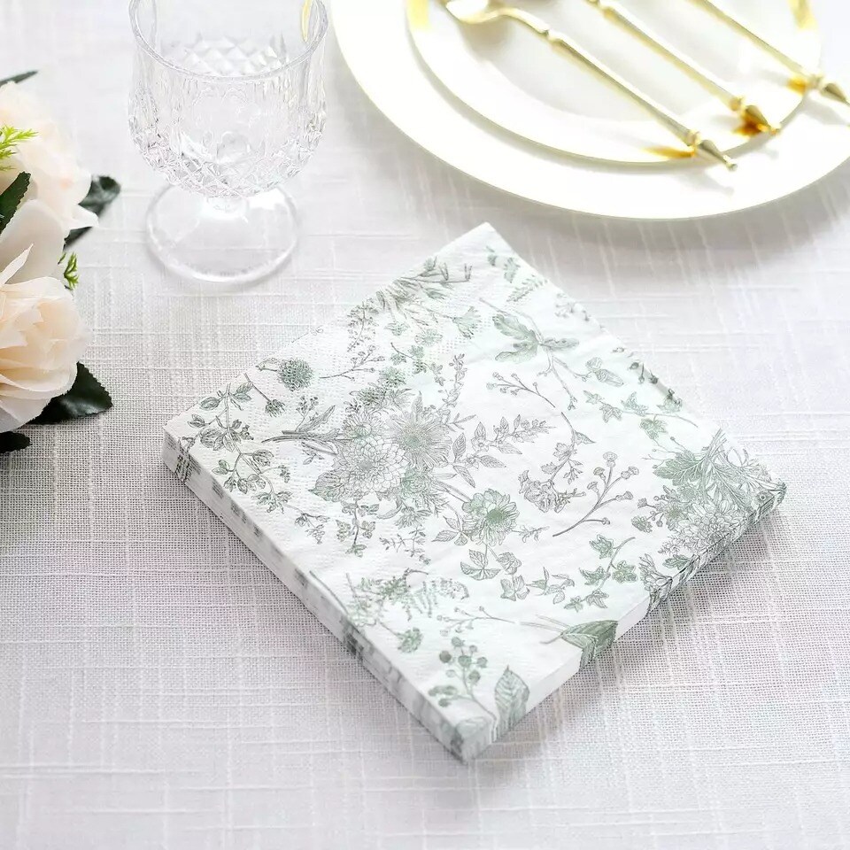 White Sage Green 20 Floral Design 13" x 13" Dinner Paper Napkins Party Events
