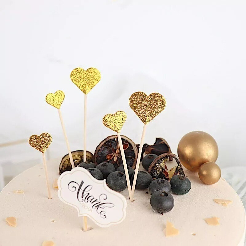 24 Gold Glittered Heart Cupcake Toppers Picks Cake Decorations Party Supplies
