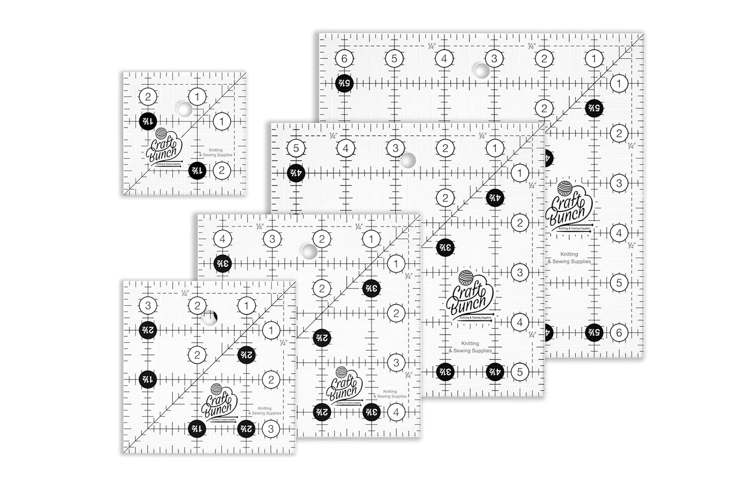 5 Non-Slip Acrylic Square Quilt Rulers - 2.5&#x22;, 3.5&#x22;, 4.5&#x22;, 5.5&#x22;, 6.5&#x22;