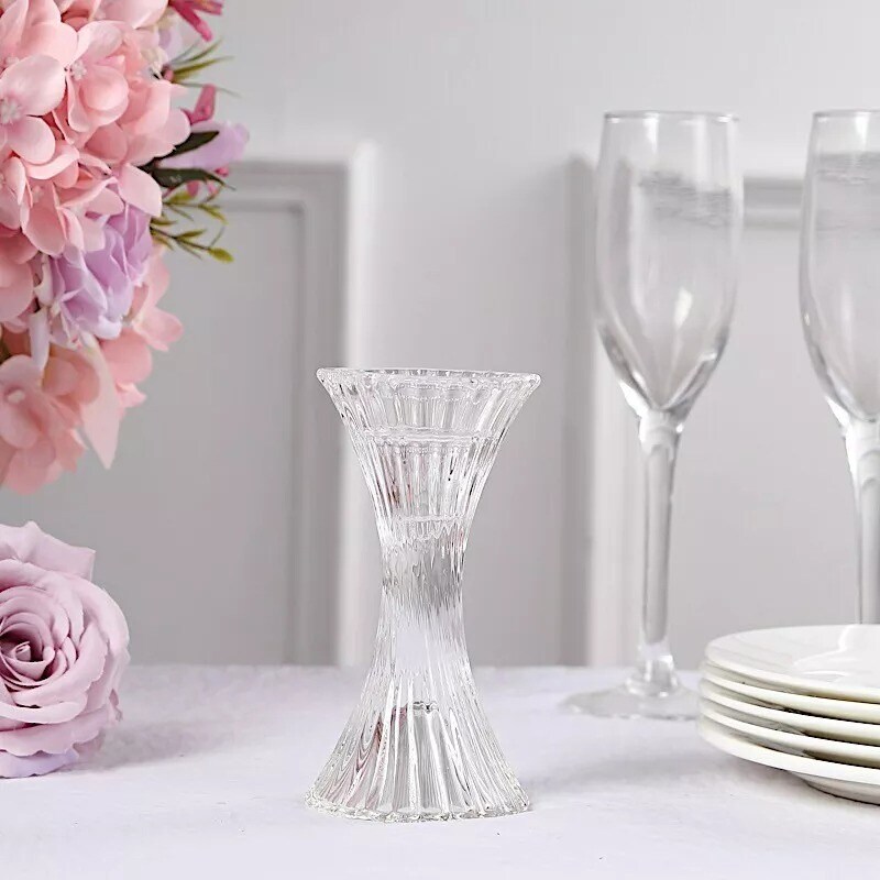 Clear 2 Reversible 5" Hour Glass Pillar Taper Candle Holders Centerpieces Party