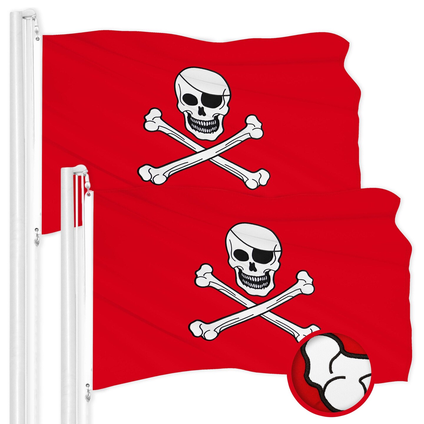 G128 2 Pack: Pirate Jolly Roger Bones Red Flag | 1x1.5 Ft | ToughWeave Series Embroidered 300D Polyester | Novelty Flag, Embroidered Design, Indoor/Outdoor, Brass Grommets