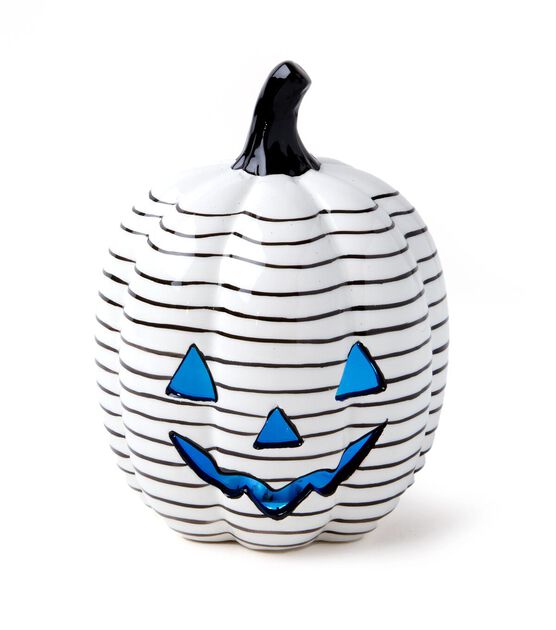 8&#x22; Halloween Black Striped Jack O Lantern- Ceramic W/LED
