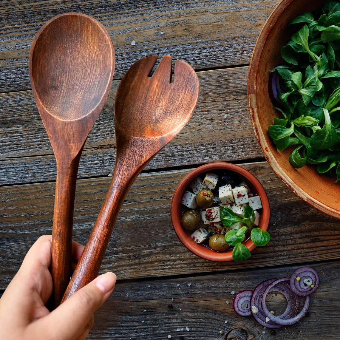 Acacia Wood Utensils Cooking, Serving and Mixing Set Salad Fork and Spoon Natural Handmade