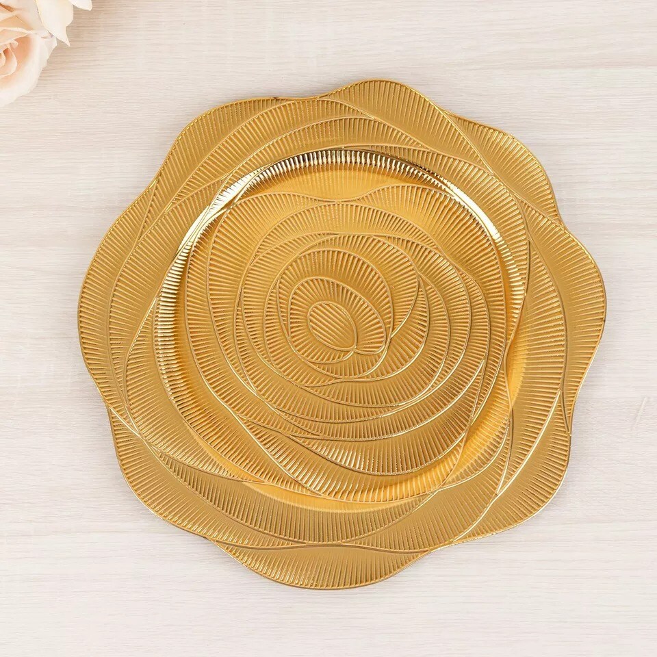 6 Metallic 13" Gold Round Acrylic Plastic Charger Plates with Ribbed Rose