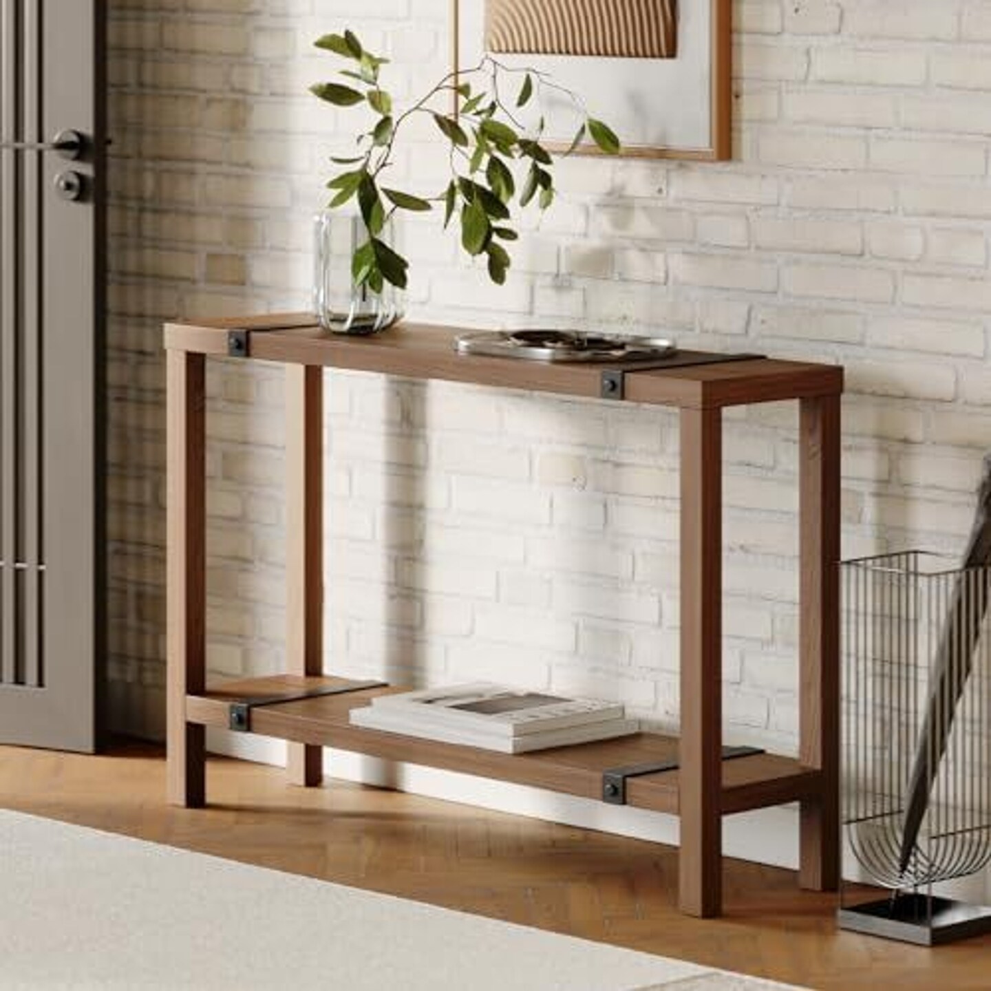 Modern Farmhouse Entryway Table &#x2013; Skinny Console Table with Storage and Metal Details - Living Room Furniture - Small Hallway Table - Industrial Home Decor (Medium Oak Finish)