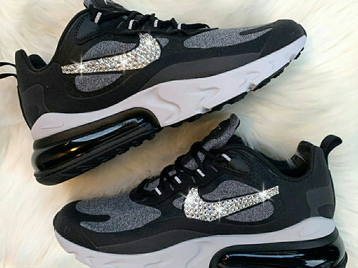 Swarovski Women s Nike Air Max 270 React Black White Sneakers Blinged Out With Authentic Clear Swarovski Crystals Custom Bling Nike Shoes MakerPlace