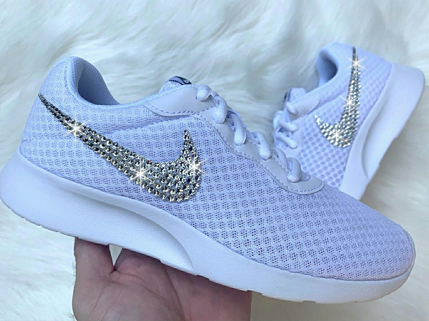 Swarovski Women s Nike Air Max Tanjun All White Sneakers Blinged Out With Authentic Clear Swarovski Crystals Custom Bling Nike Shoes MakerPlace by