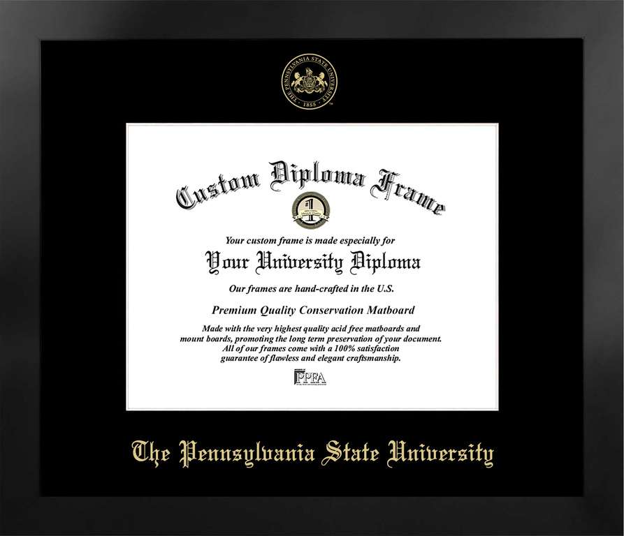 Penn State University 11w x 8.5h Manhattan Black Single Mat Gold Embossed Diploma Frame with Bonus Campus Images Lithograph (value savings at $59)