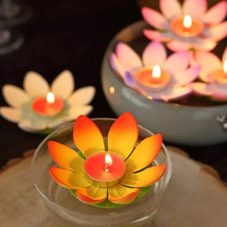 10 Lotus Flower 5" Assorted Colorful Tealight Floating Candles Party Decorations