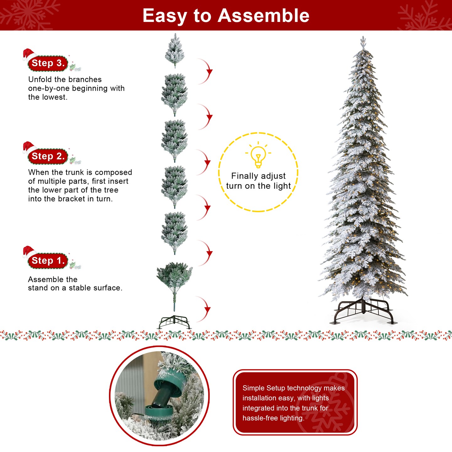 15FT Pre-Lit Flocked Pencil Spruce Artificial Christmas Tree With Warm White Lights, With Remote Control