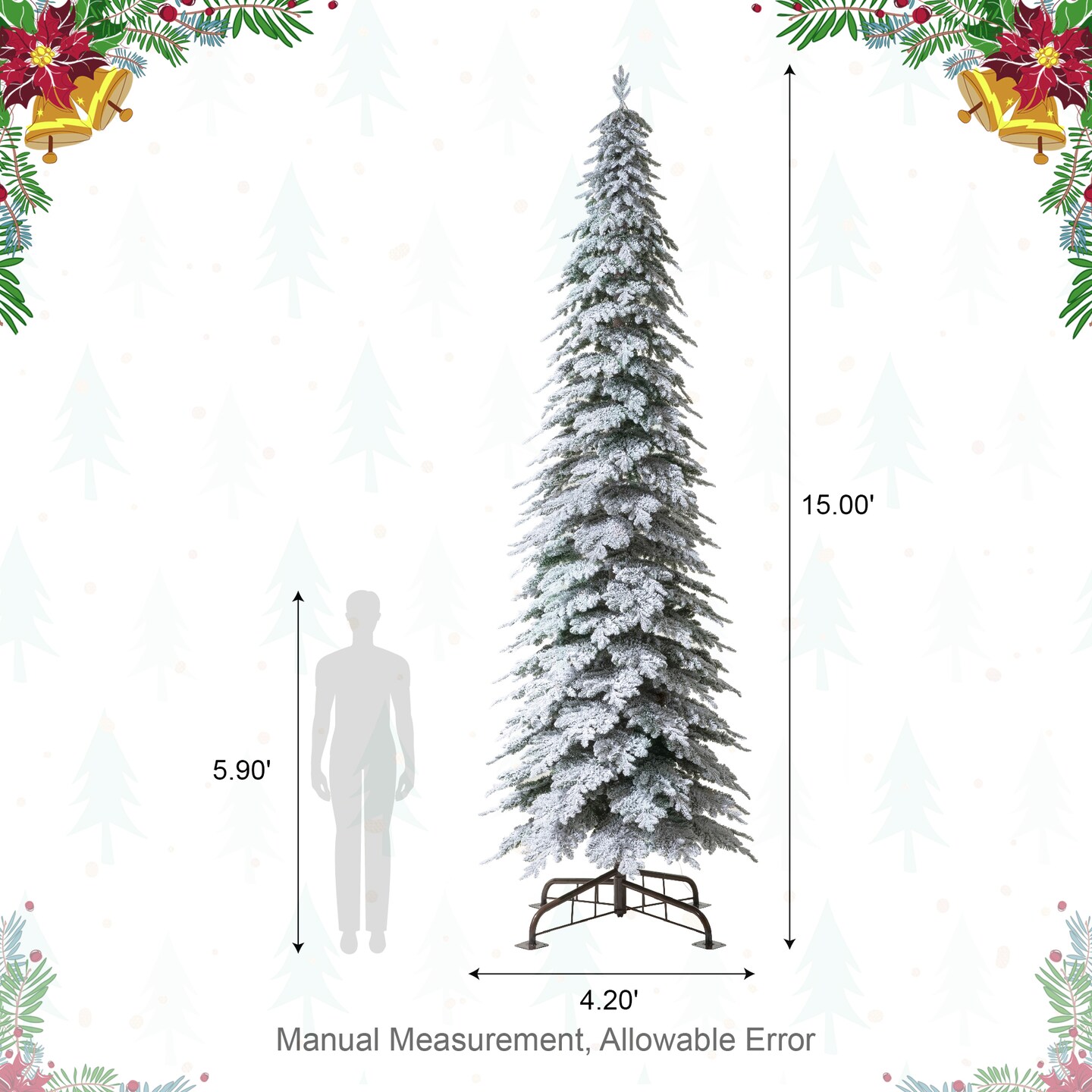 15FT Pre-Lit Flocked Pencil Spruce Artificial Christmas Tree With Warm White Lights, With Remote Control