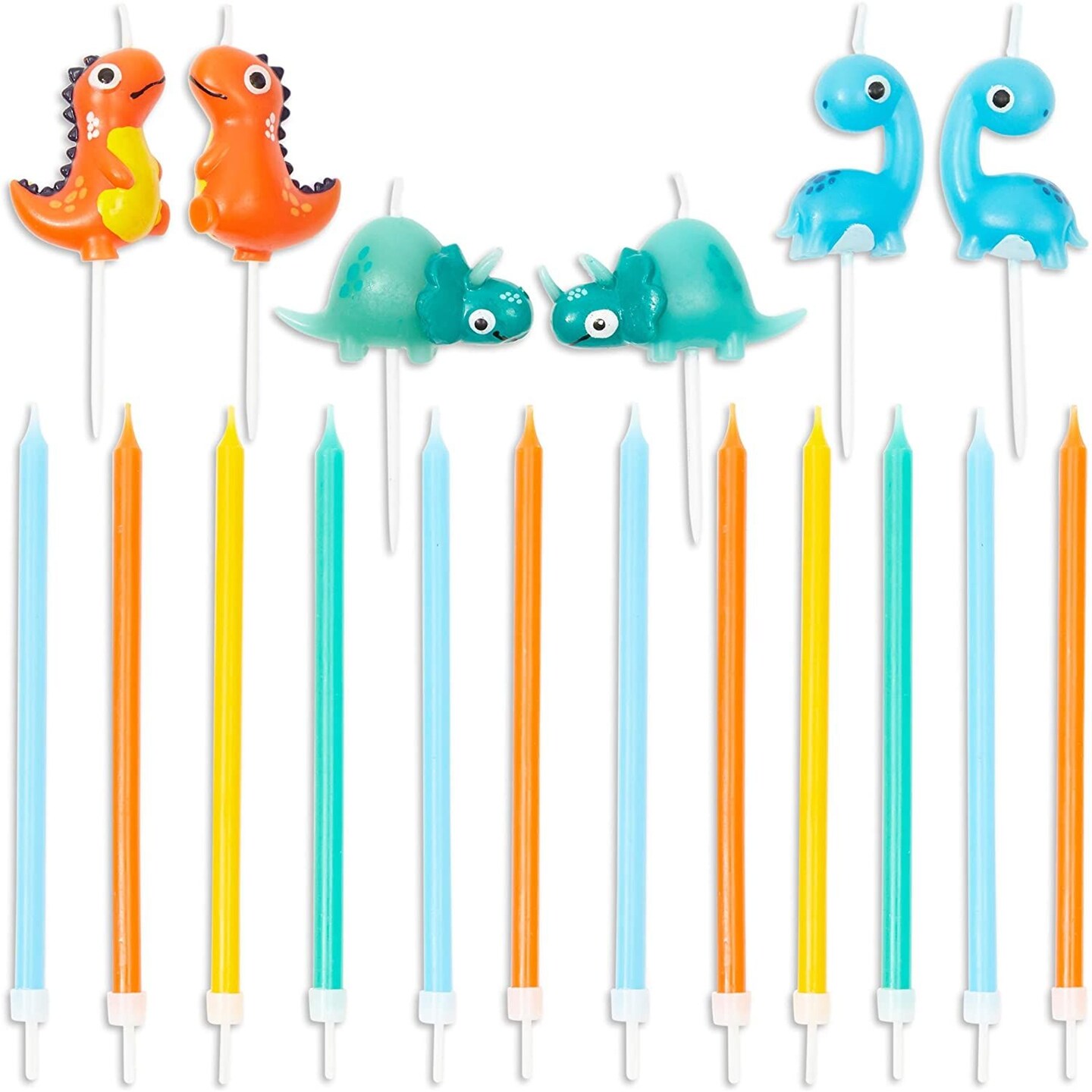 3D Dinosaur Cake Topper with Thin Candles in Holders (18-Pack)