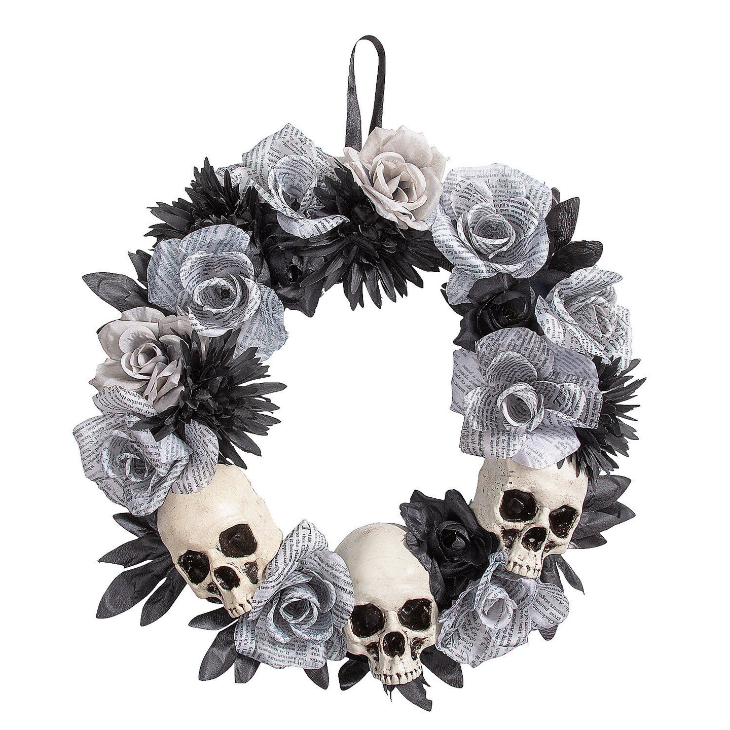 White Roses Wreath with Skulls Halloween Decoration 17 1/2&#x22; x 17 1/2&#x22;