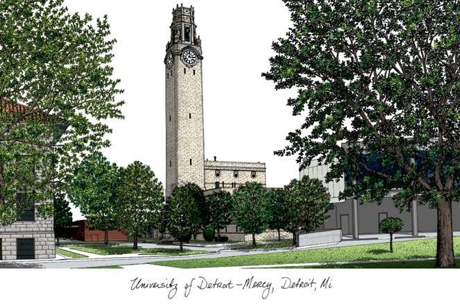 University Of Detroit, Mercy 11w x 8.5h Manhattan Black Single Mat Gold Embossed Diploma Frame with Bonus Campus Images Lithograph (value savings at $59)