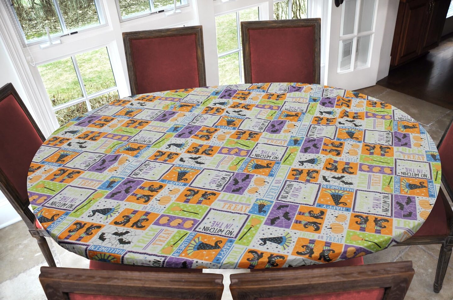 Covers For The Home Deluxe Elastic Edged Flannel Backed Vinyl Fitted Table Cover - Halloween Witchy Patchwork - Oblong/Oval - Fits Tables up to 48&#x22;&#x22; W x 68&#x22;&#x22; L