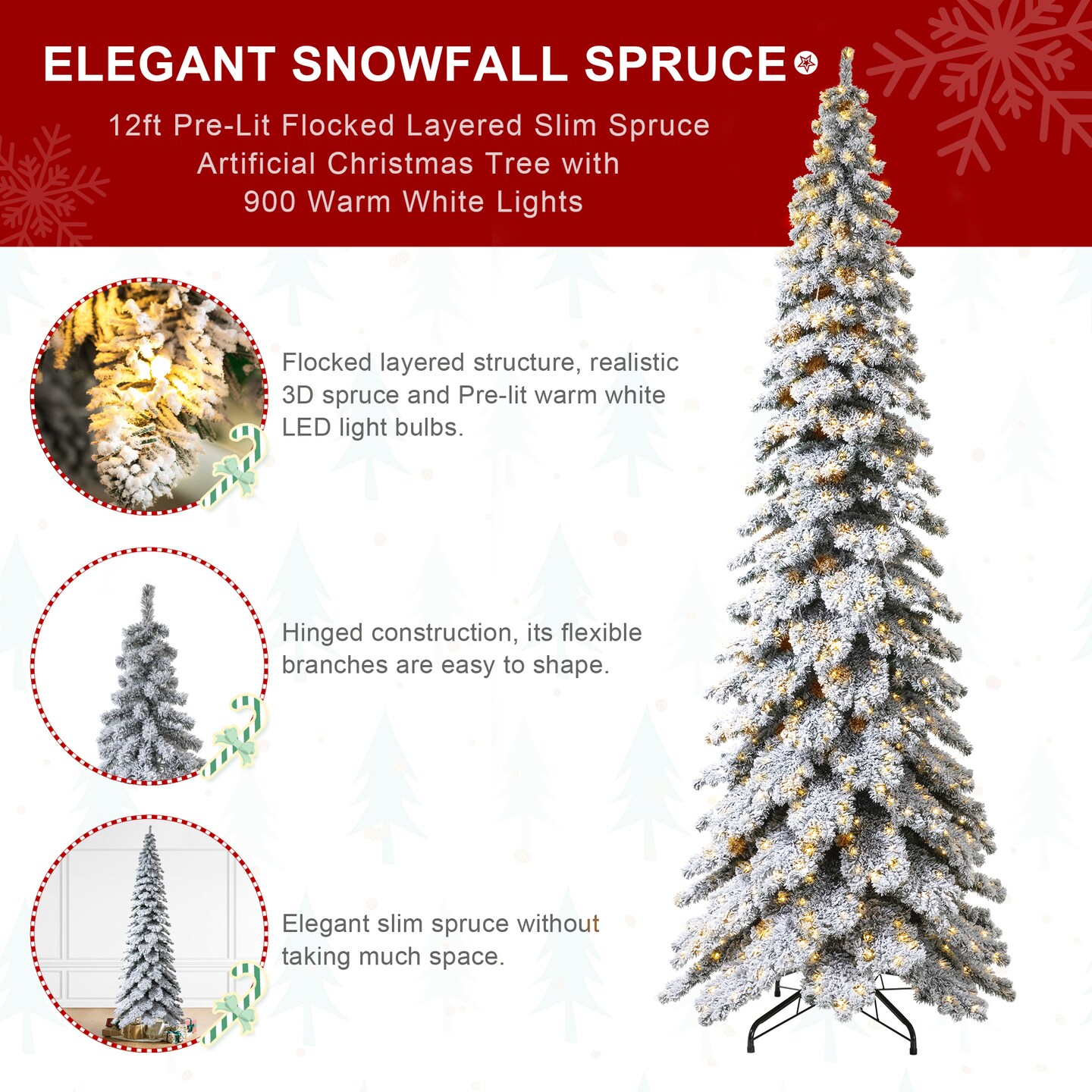 12FT Pre-Lit Flocked Layered Slim Spruce Artificial Christmas Tree With Warm White Lights