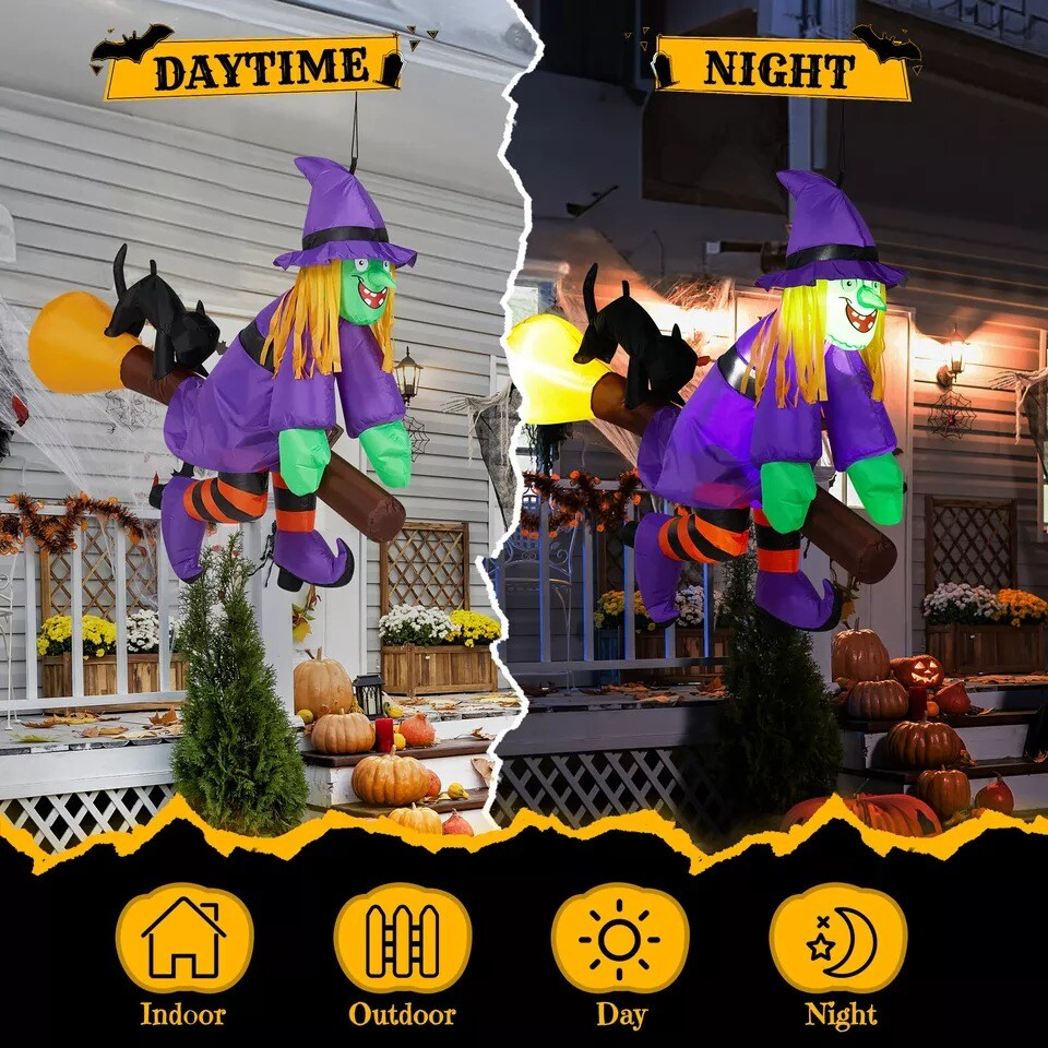 3.9FT Halloween Inflatable Witch Riding Broom Outdoor Decorations Blow up Decor