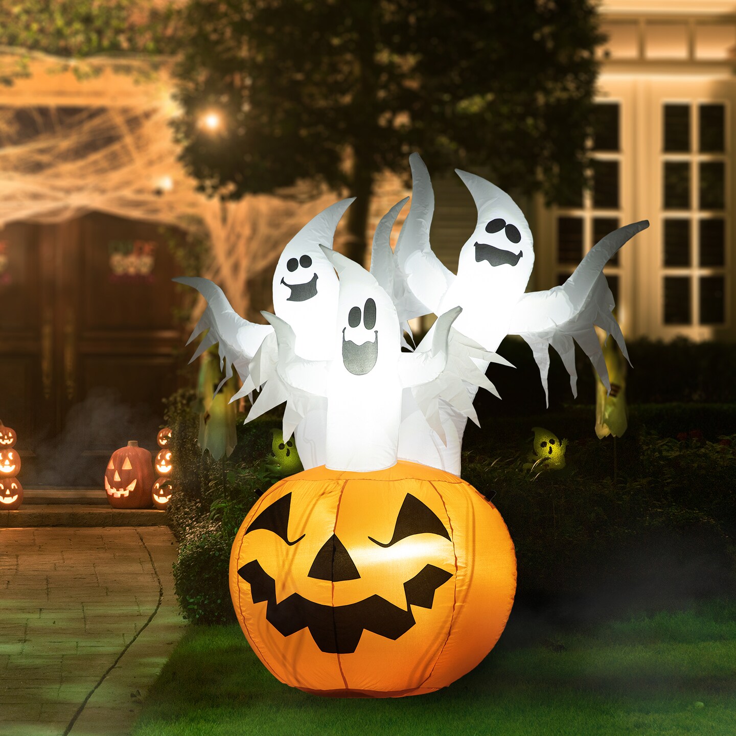 Set of 2 6FT Lighted 3 Ghosts In Jack-O-Lantern Pumpkin with Scream Inflatable Decor