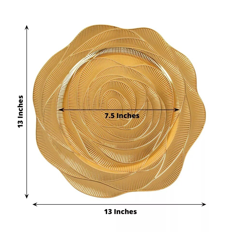 6 Metallic 13" Gold Round Acrylic Plastic Charger Plates with Ribbed Rose