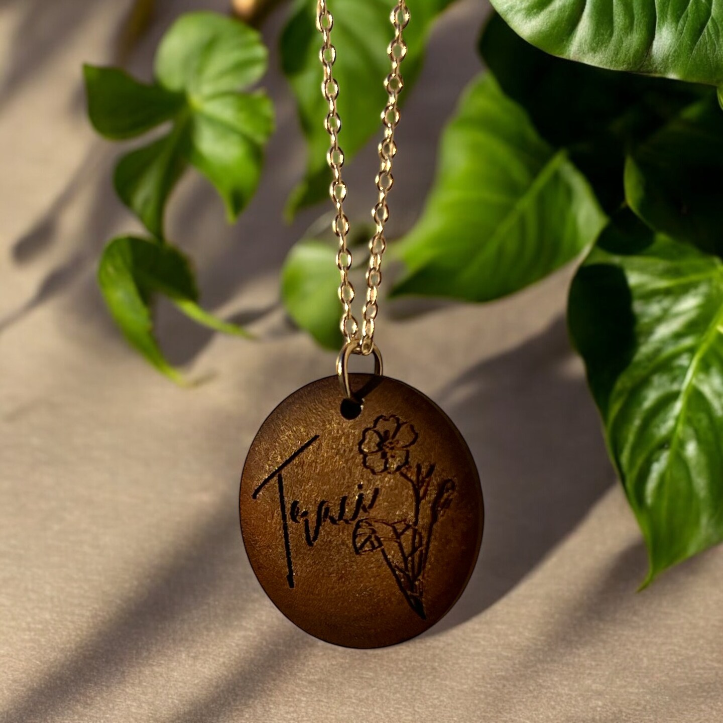 Personalized Engraved Wood Walnut Birthflower Name Floral Flower Necklace  Round Circle Disc Pendant Gold Silver MakerPlace by Michaels