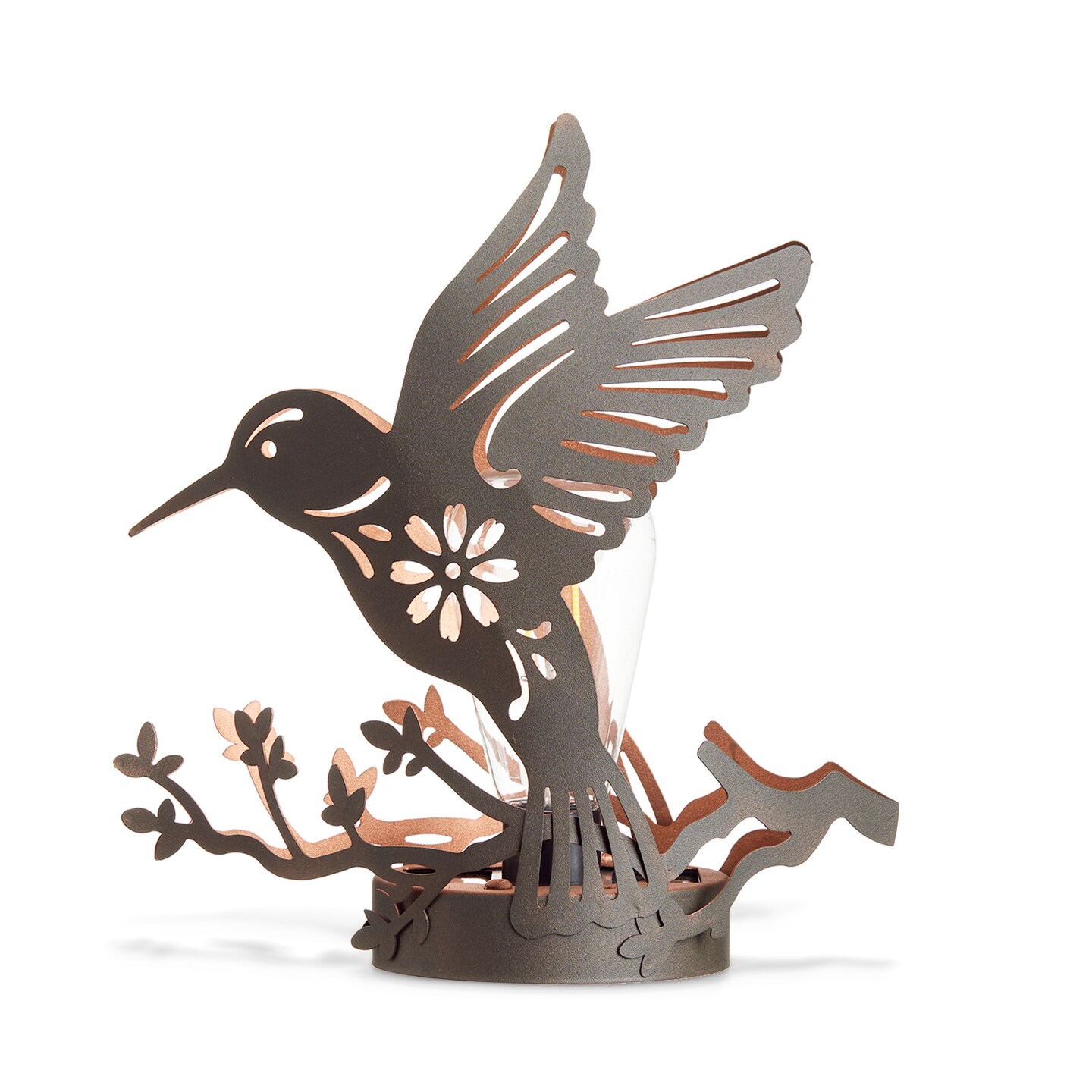 (Set of 2)9.75&#x22;H Black and Gold Metal Cutout Flying Hummingbird Silhouette Solar Powered Edison Bulb Outdoor Lantern
