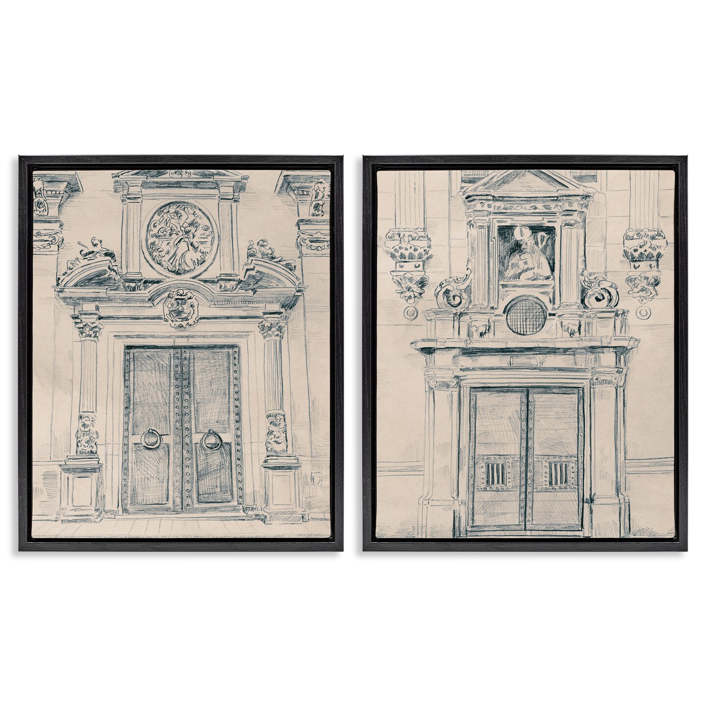 Stupell Industries Pencil Sketch Ornate Door 2 pc Framed Floater Canvas Wall Art Set Design by June Erica Vess