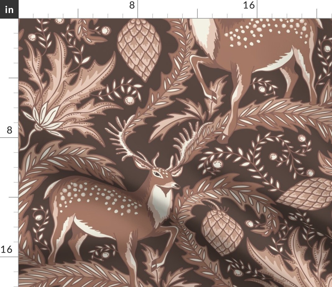 Flower Brown Floral Deer Christmas Plants Neutral Monochromatic Animal Print Magical Fairytale Cone Northern Earth Tone Custom Printed Fabric by Spoonflower Various Fabrics by the Yard or Fat Quarter