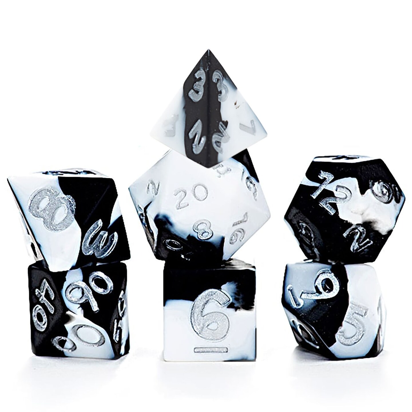 Gate Keeper Games &#x26; Dice: Anti-Stress Dice - Poofy Panda - 7pc RPG Set, Splotchy Black &#x26;Panda White Silicone Swirled, Role Playing Games Accessory