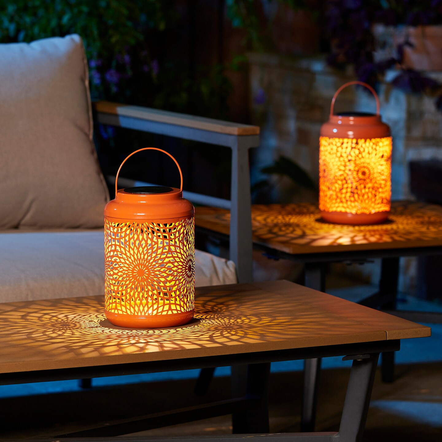 Set of 2/4 8.75&#x22;H Metal Cutout Scrollwork Solar Powered LED Outdoor Lantern with handle