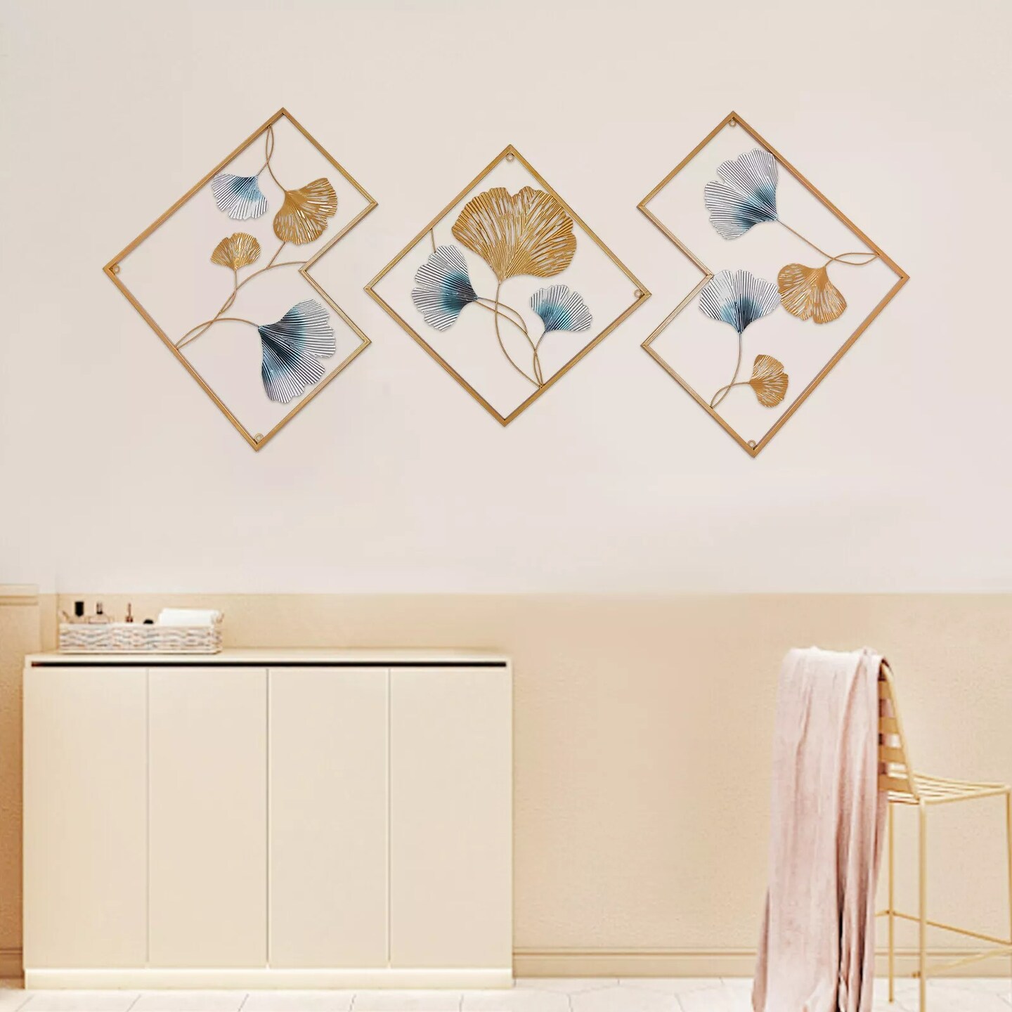 64.57*0.79*27.76&#x22; Gold Set of 3 Ginkgo Wall Art Hanging Sculpture Home Art Decor