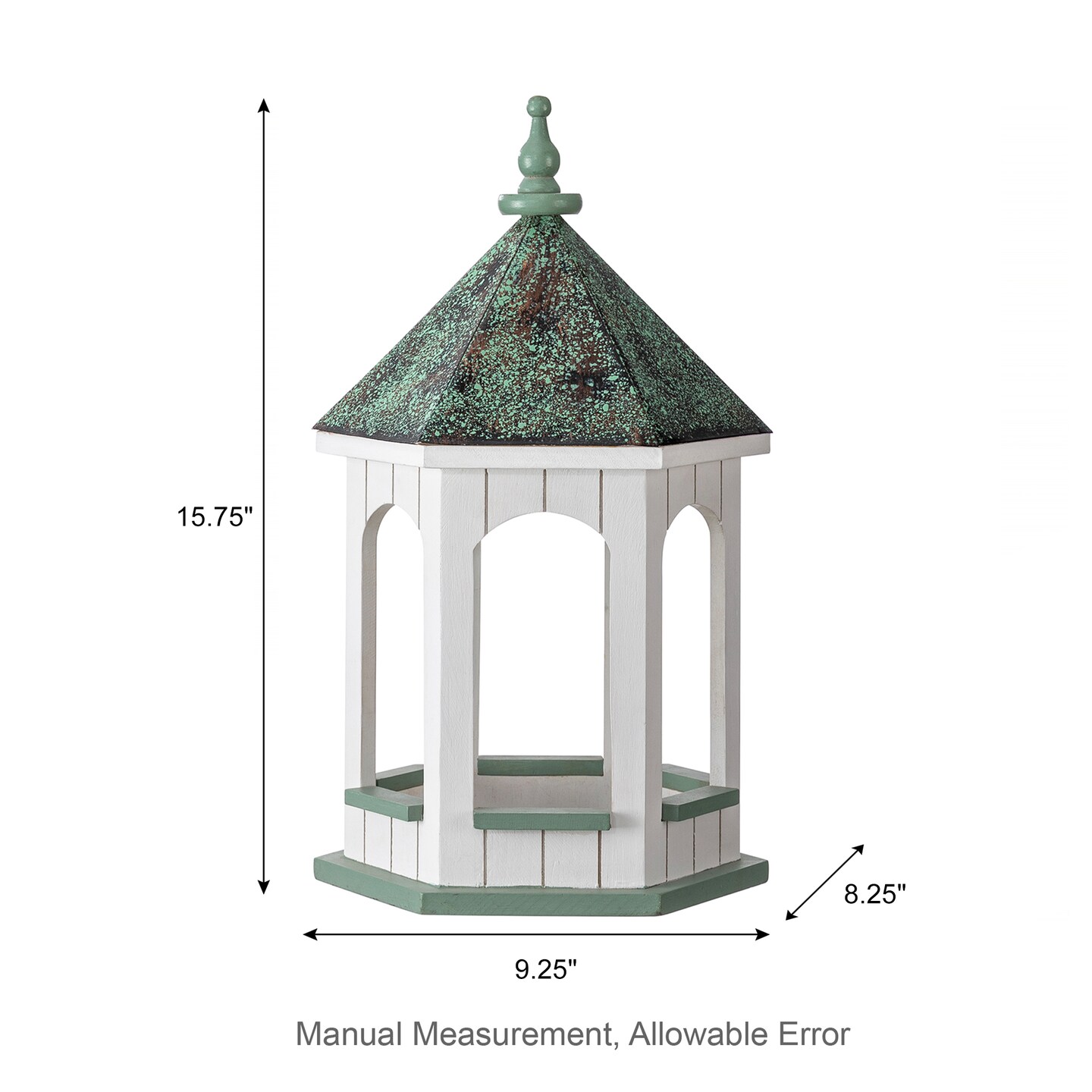 15.75&#x22;H Patina Metal Roof Solid Wood Gazebo Tray Bird Feeder