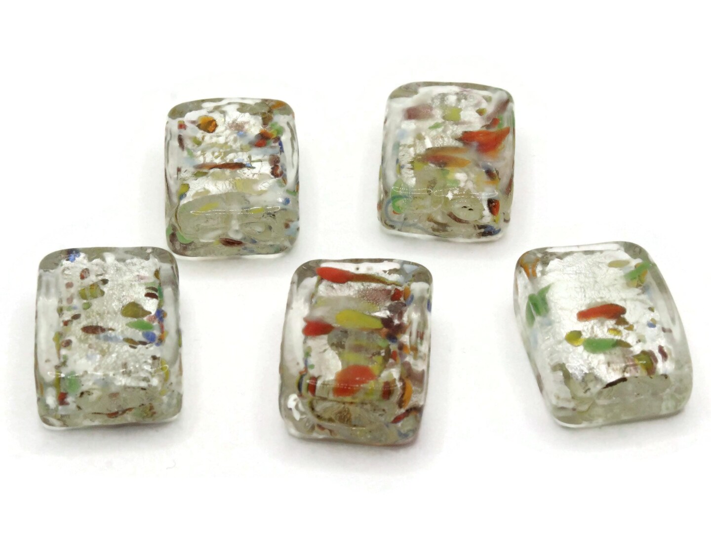 5 20mm Clear Speckled Rectangle Flat Rectangle Lampwork Glass Beads